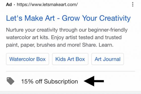 Sample promotion extension ad from Letsmakeart.com on a mobile device
