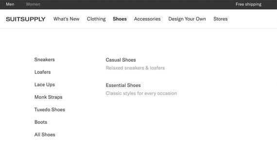 Screenshot of Suitsupply's category page for shoes.