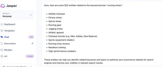 Screenshot of a Jasper chat dialog listing SEO entities related to the phrase "running shoes."