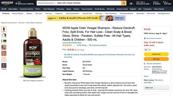 Screenshot of the Wow Apple Cider Vinegar Shampoo page on Amazon