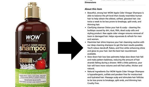 Screenshot from Amazon of the extended description for Wow Apple Cider Vinegar Shampoo
