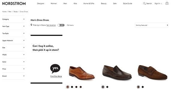 The men's dress shoe category page from Nordstrom had the top organic position on a crowded Google search engine results page.