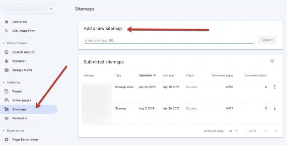 Screenshot of Search Console sitemap submission