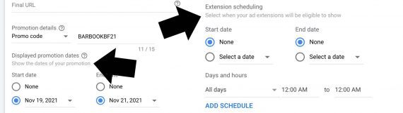 Screenshot from Google Ads interface showing two sets of extension dates