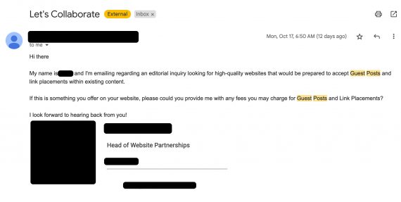 Screenshot of an email asking about paid guest posts.