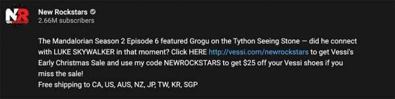 Screenshot of the description on YouTube of the New Rockstars' Mandalorian video
