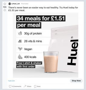 Screenshot of an ad from Huel, a provider of nutritional shakes