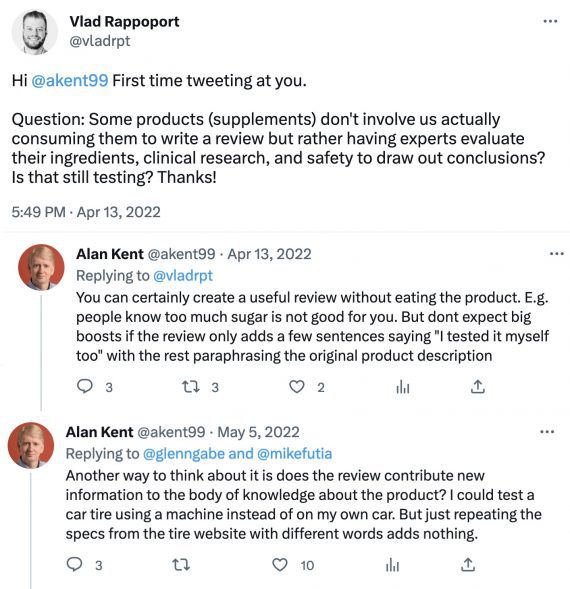 Screenshot of Alan Kent's tweets addressing product reviews.