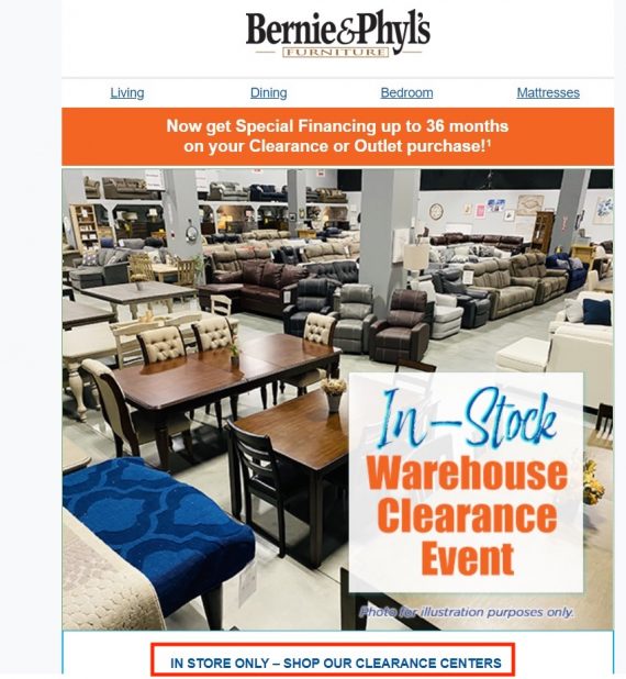 Screenshot of email form Bernie & Phyl's showing a photo on in-store furniture