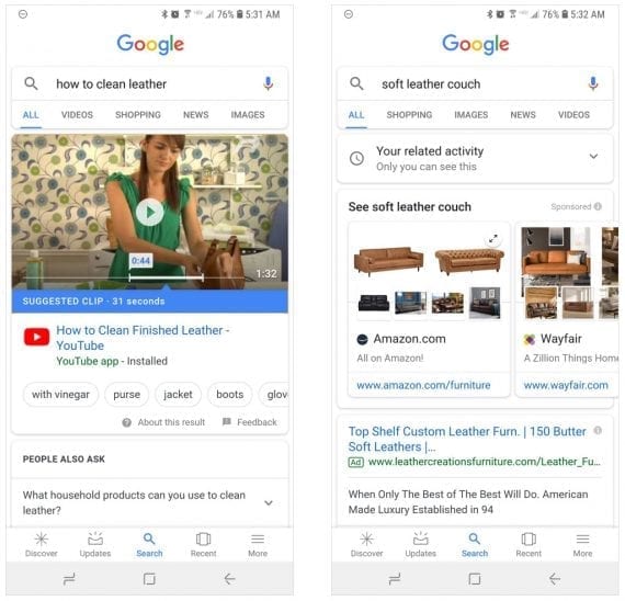 The mobile informational search at left, ("how to clean leather?") and the mobile ecommerce search at right ("soft leather couch") produce different results than on desktop searches.