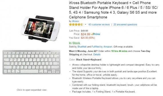 Bluetooth keyboards for smartphones and tablets typically run $60 or more in local stores. Reviews on this $25 one convey that it’s a bargain and not a dud. Source: Amazon.