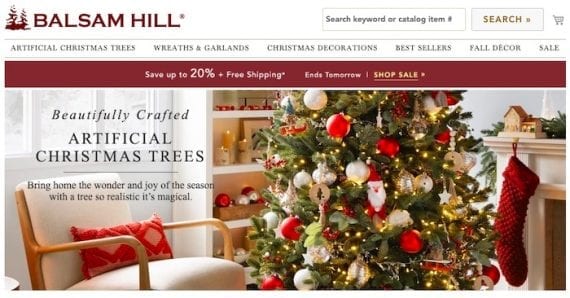 Screenshot of Balsam Hill's website showing an artificial Christmas tree