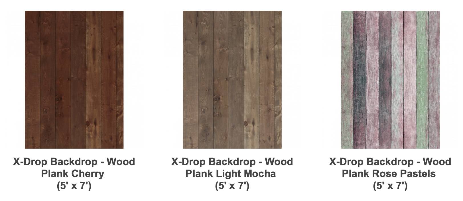 Photo of three types of canvas backdrops that resemble wood from 