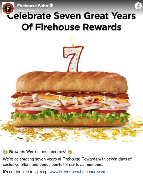 Facebook image from Firehouse Subs promoting Rewards Week.