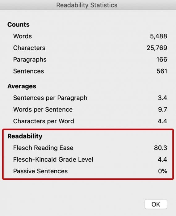 Readability stats screen in Microsoft 365 Word