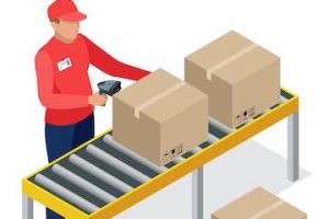 Illustration of a male standing at a fulfillment station with a box