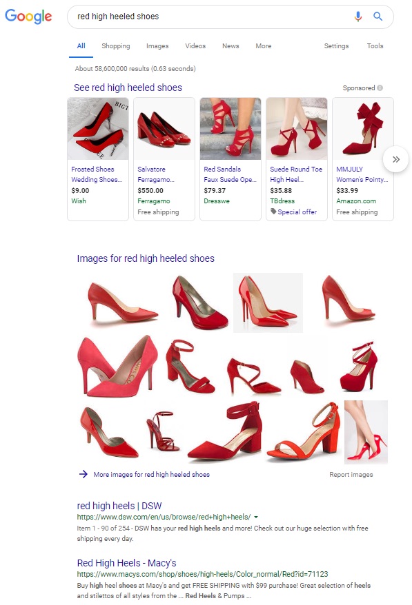 Google search results for “red high heeled shoes” includes a grid of 14 images