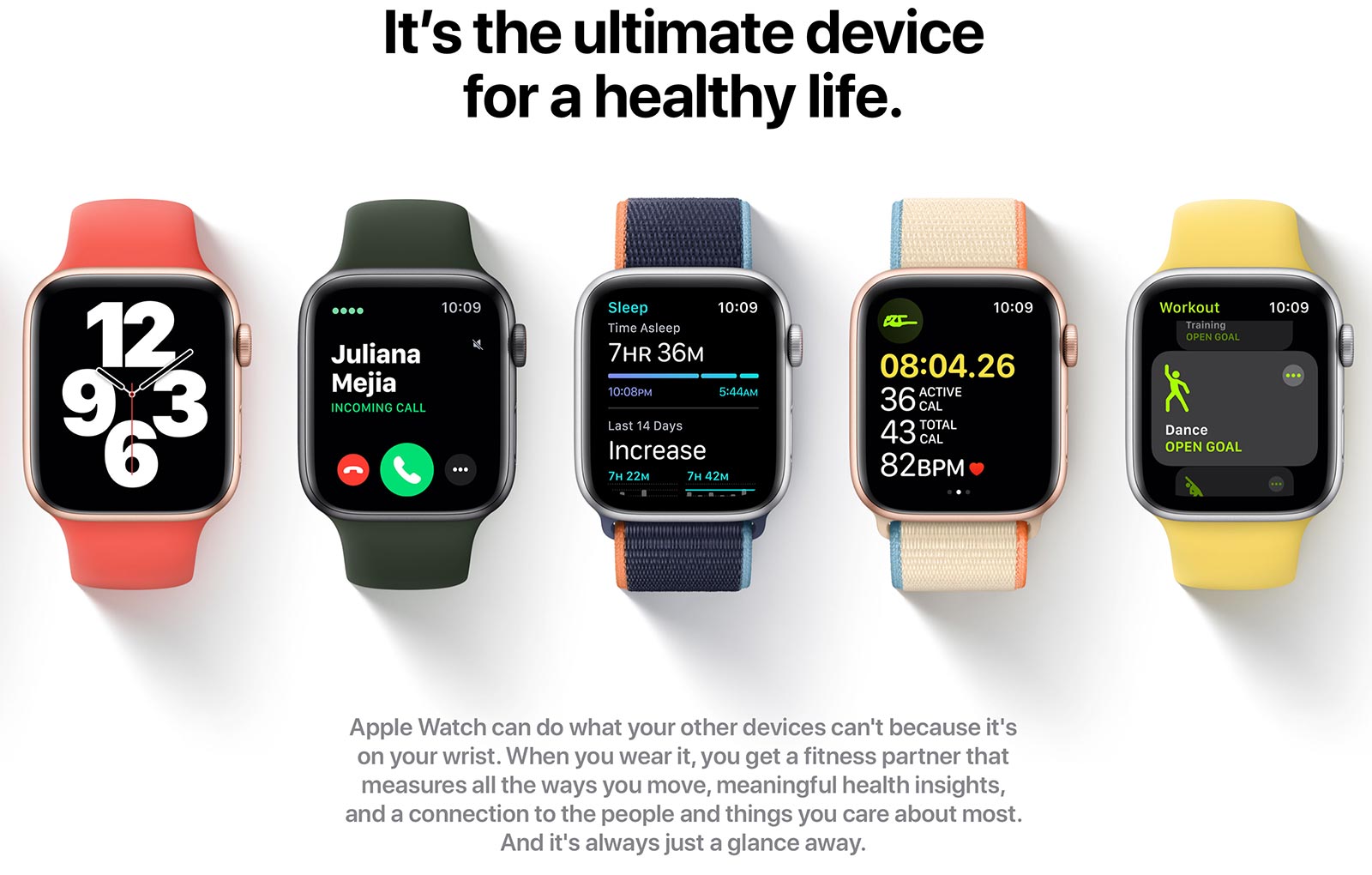 Apple Watch product page, with the headline: It's the ultimate device for a healthy life.