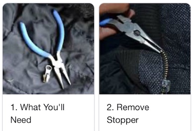 Screenshot from mobile search results of steps for fixing a zipper