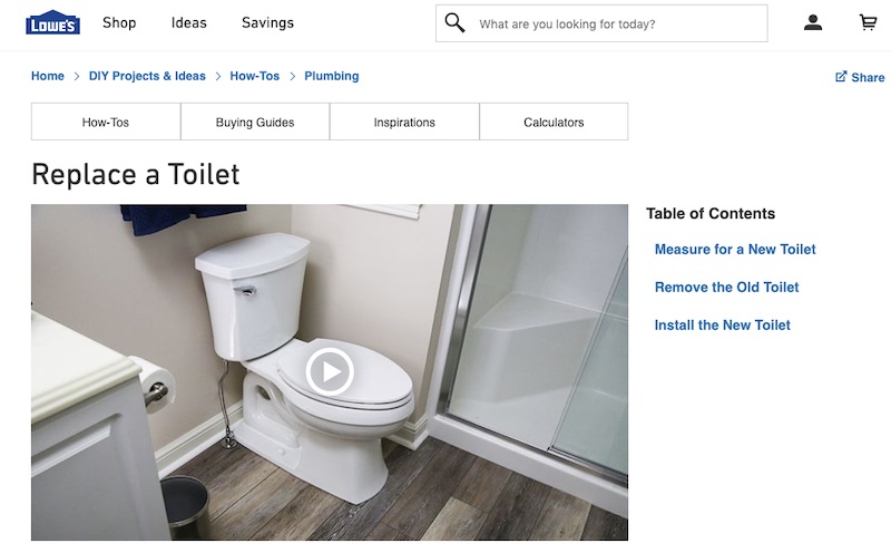 Attracting links to ecommerce product pages is difficult. Links to how-to pages, however, are much easier. Sixty-three quality sites have linked to this instructional page from Lowe's on replacing a toilet.
