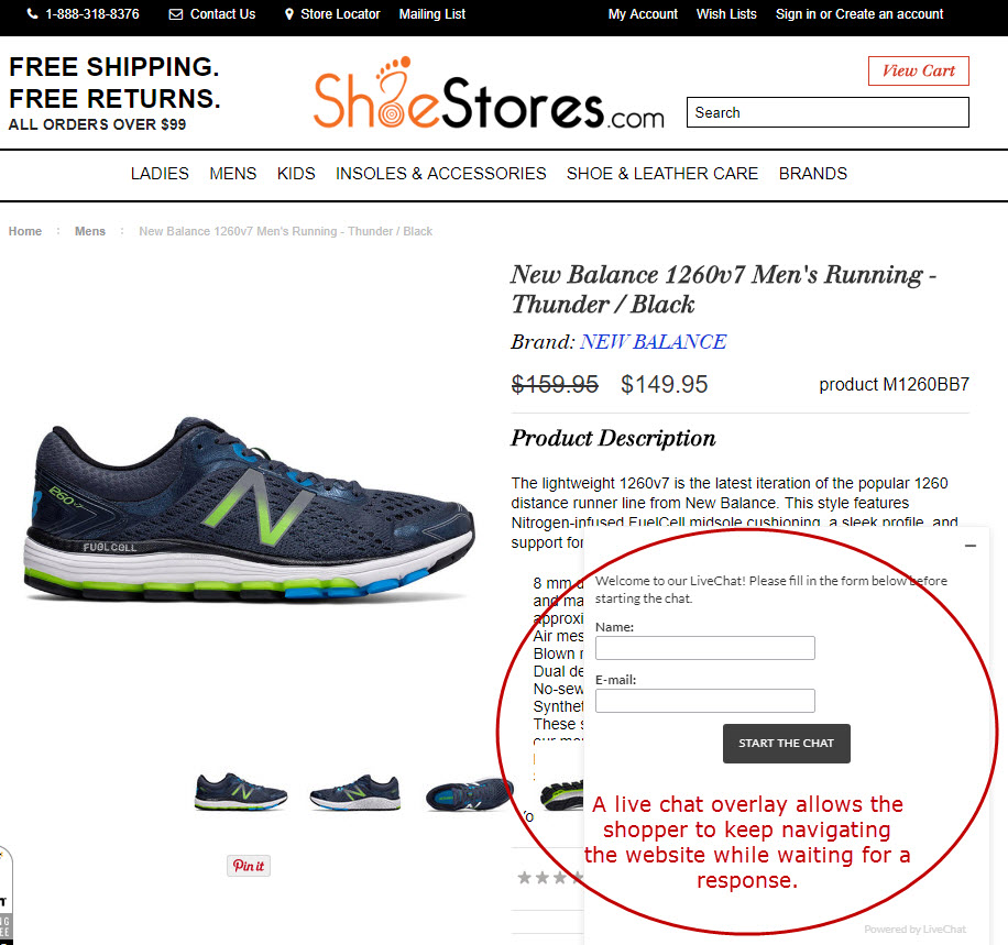 ShoeStores.com uses a live chat overlay.