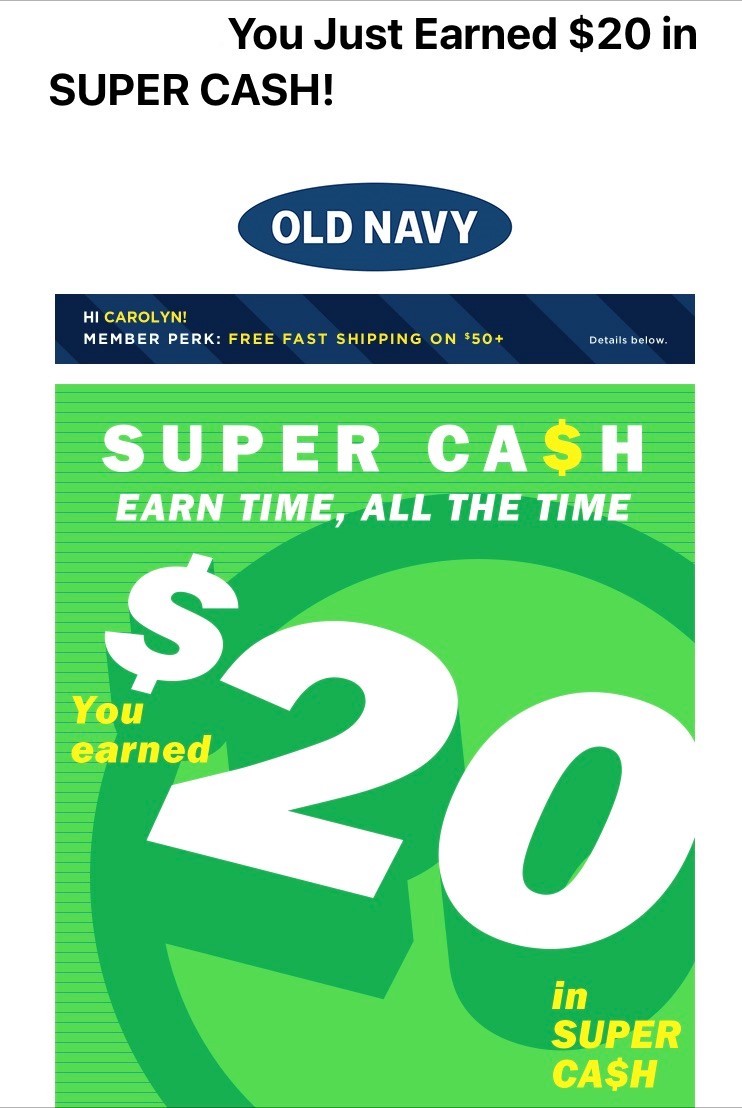 Screenshot of a Old Navy email with a $20 loyalty club reward. 