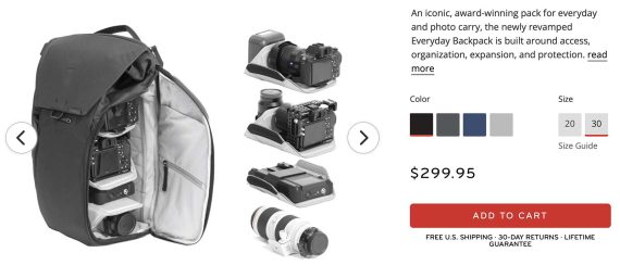A product page for a camera bag, showing various shelves to hold camera gear.