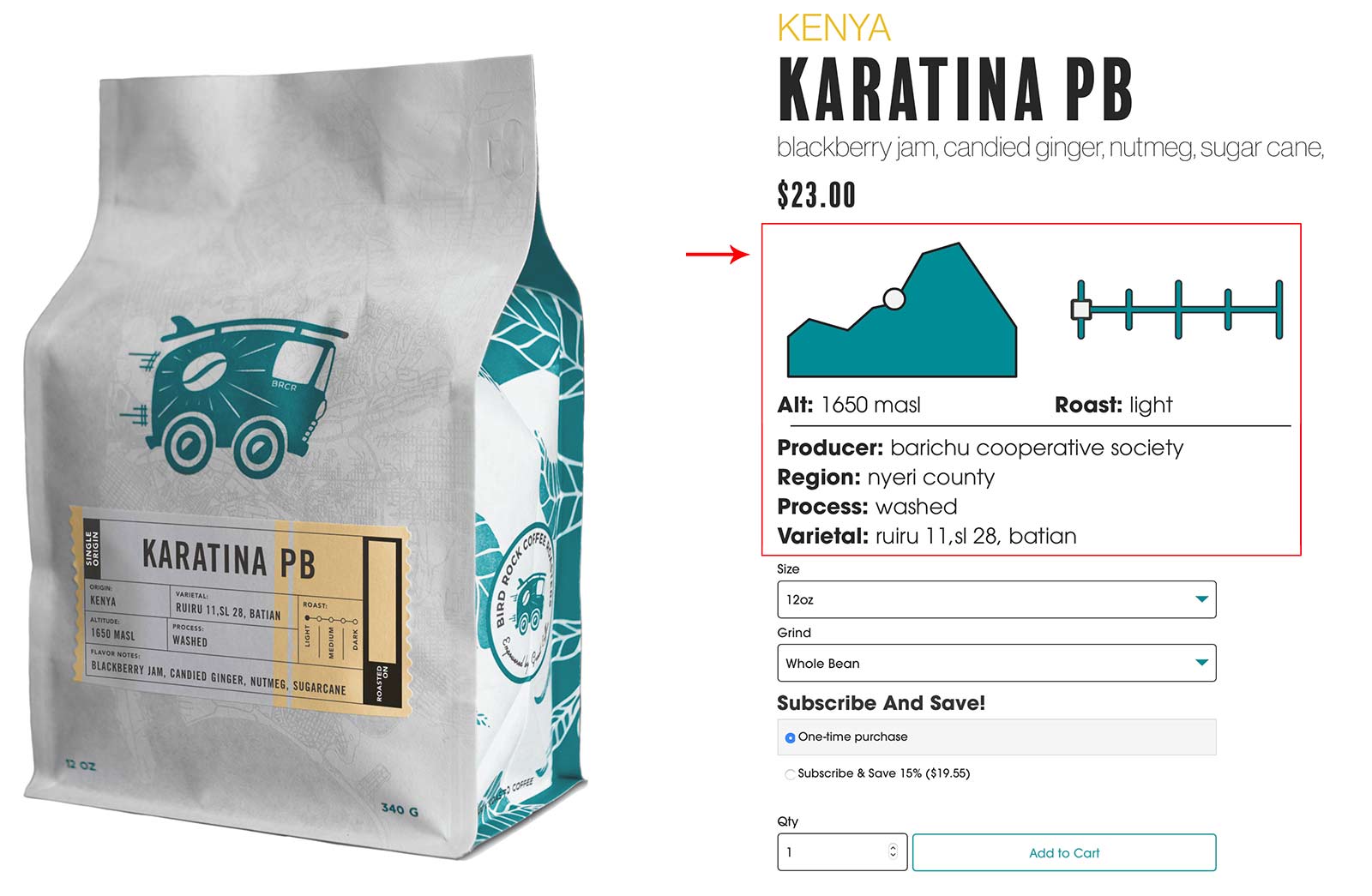 Bird Rock Coffee Product Page - featuring a chart for altitude and roast level