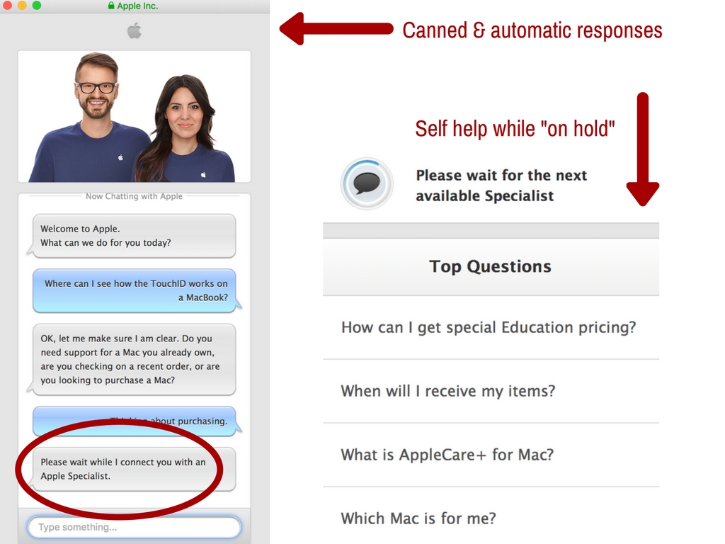 Screenshot of Apple's initial automatic and canned responses and faqs while waiting for an agent.