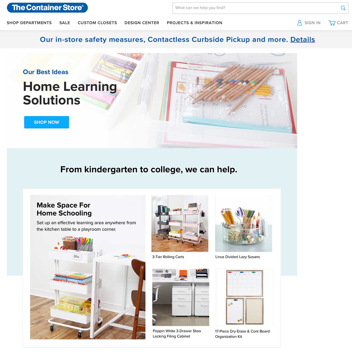 The Container Store landing page for home schooling