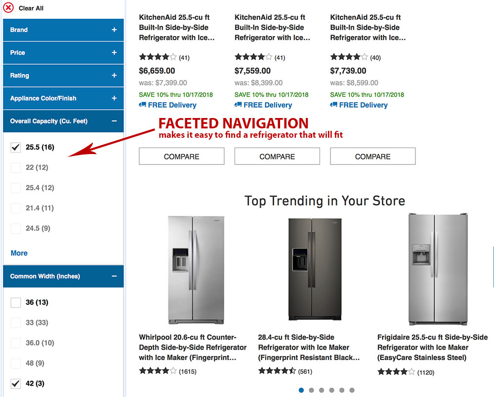 Lowe's faceted navigation helps to find refrigerators based on size, dimensions, and finish.