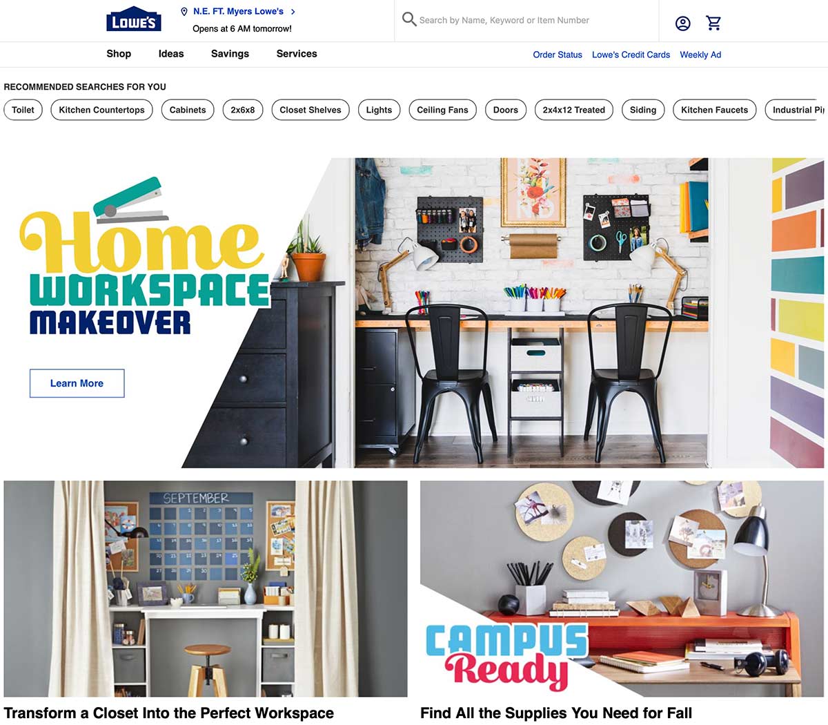 Lowe's home page featuring home office space