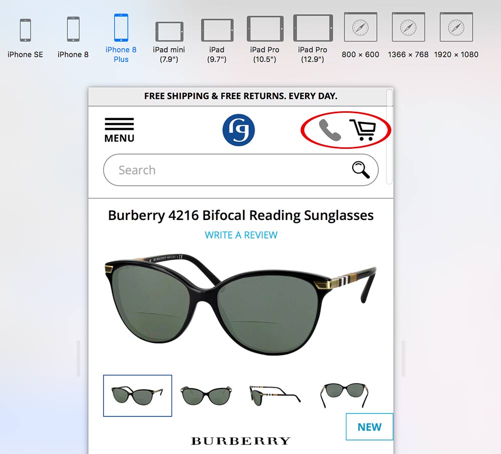 Make sure the cart and checkout buttons stand out. An icon to tap for mobile calling is also helpful. <em>Image: Burberry.</em>
