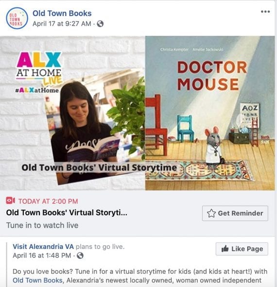 Old Town Books Facebook post hyping a virtual storytelling event.