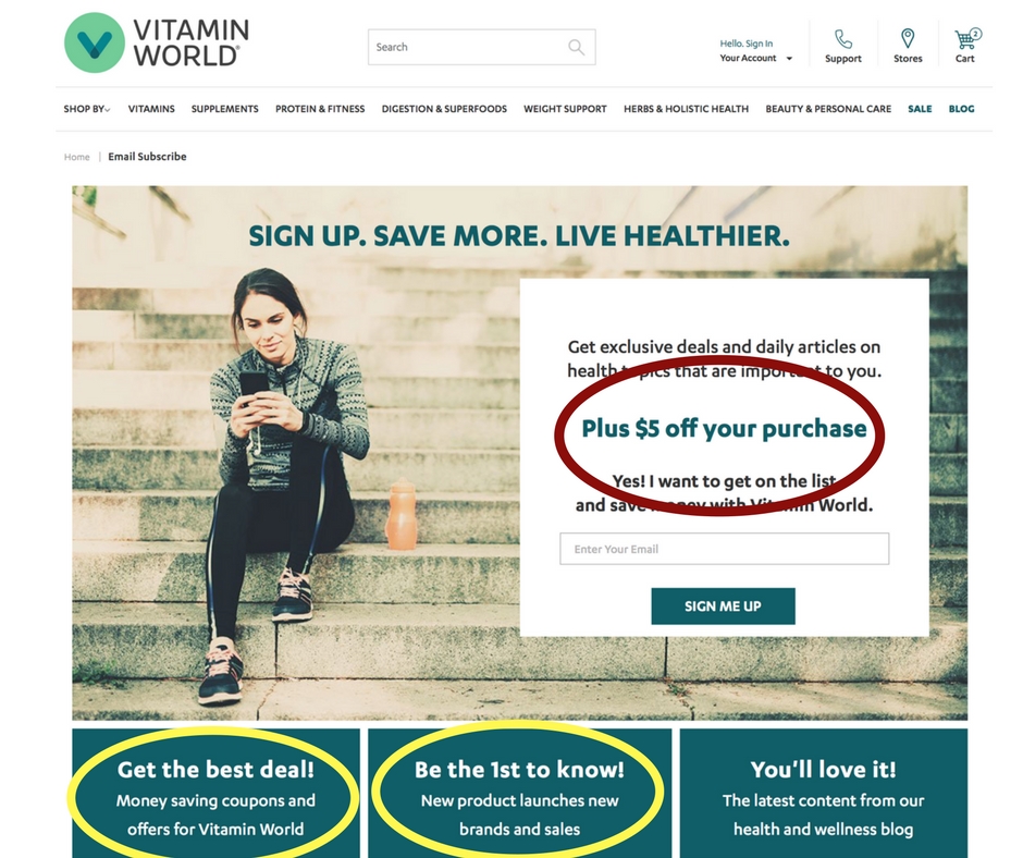 Vitamin World offers value for email signups.