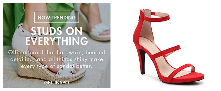 Attempting to optimize a temporary promotional image, such as the one at left from Designer Shoe Warehouse, is likely not worth the effort. Instead, focus on optimizing permanent images, such as the red sandal at right from Kelly &amp; Katie Courtnee.