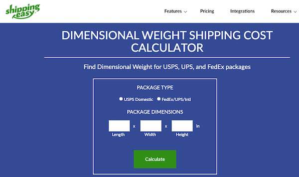 Screenshot of ShippingEasy's DIM weight calculator page