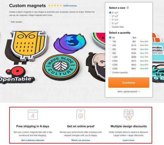 Sticker Mule product page with info about online proofs and multiple design discounts