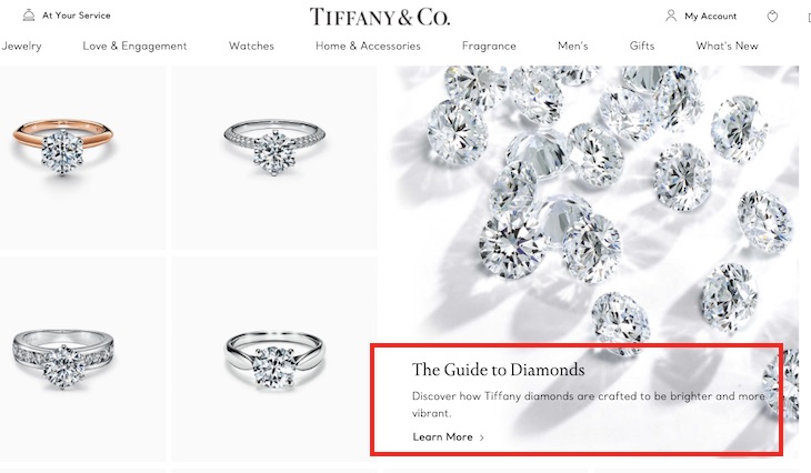 The Tiffany &amp; Co. "Engagement Rings" category page includes a feature promoting "The Guide to Diamonds." The feature's description accomplishes a marketing objective along with optimizing for search engines.
