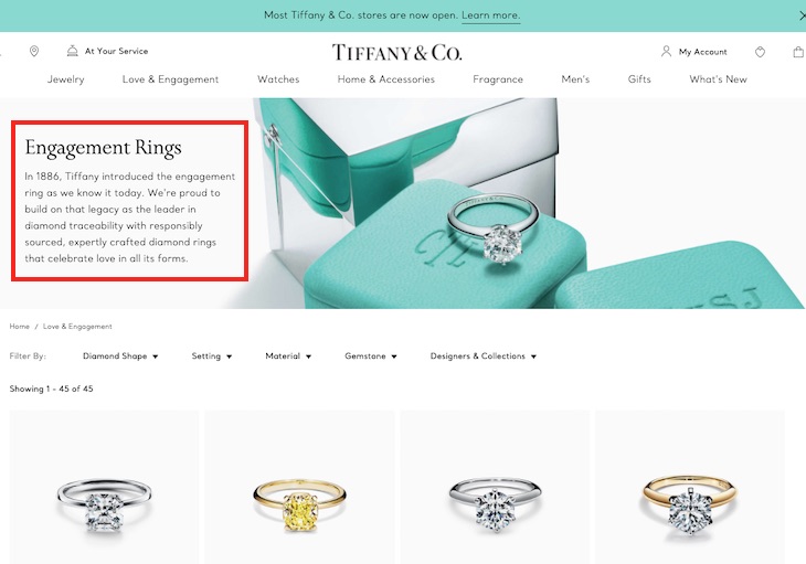 Tiffany &amp; Co. places well-spaced text on its engagement rings category page.