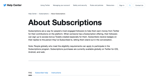Web page for Twitter Subscriptions