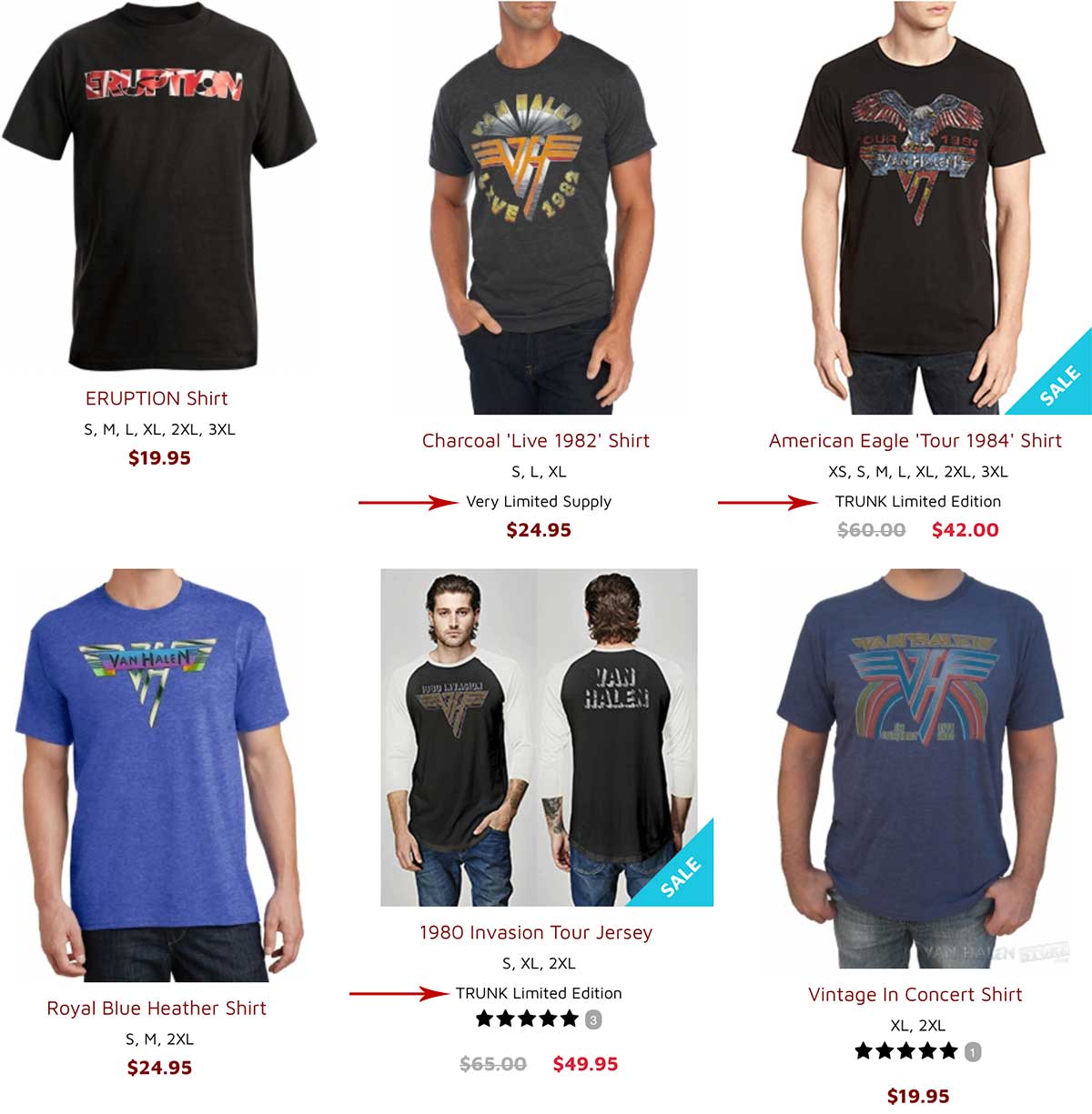 Category page of t-shirts. Under some are words telling shoppers available sizes, limited inventory and exclusives.