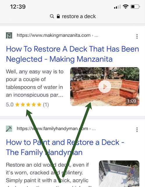 Screenshot of a mobile search result with video and product rich snippets.