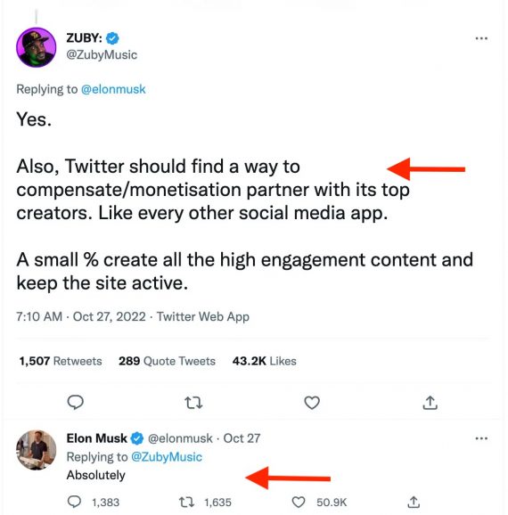 Screenshot of Zuby's tweet and Musk's reply tweet