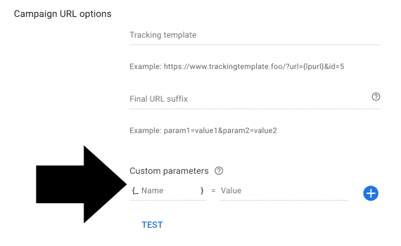 Screenshot of Google Ads admin for setting up custom parameters in the tracking template