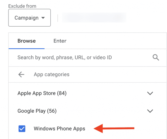 Screenshot of Google Ads setting excluding mobile apps from the display network 
