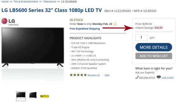 B&H displays “Instant Savings” as a way to keep the price competitive. Since the $20 savings is displayed on the page, it can feed a price of $279 to Google Shopping and other engines. (Newegg’s listing was not included in Google Shopping results.)