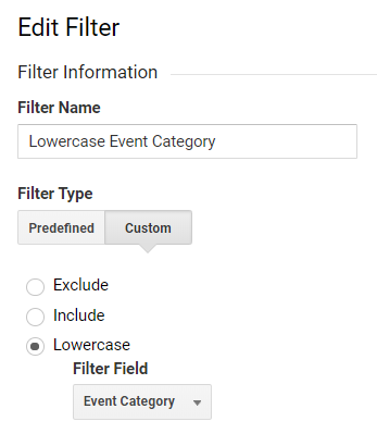 Uppercase and lowercase filters clean up the inconsistent case in Events, Pages, Campaigns, and more.