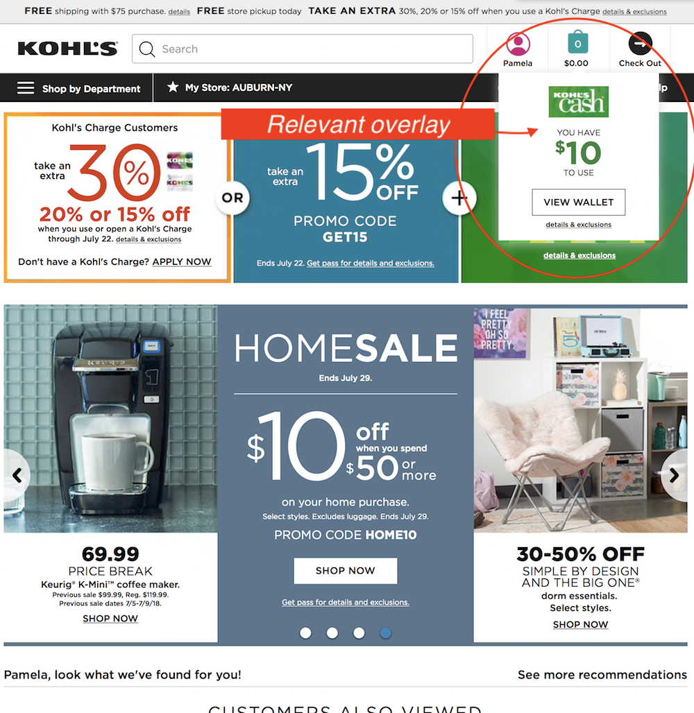 Kohl's overlay hyping available Kohl's Cash.