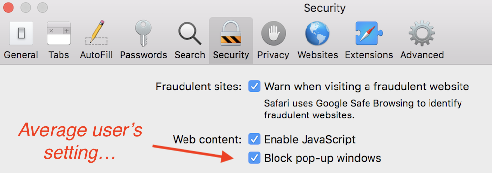 Safari configured to block popups.
